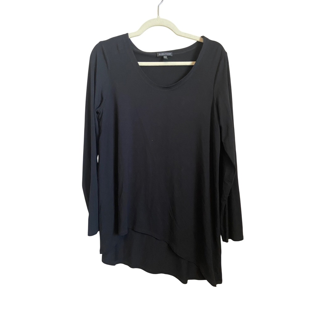 Eileen Fisher Black Asymmetrical Hem Long Sleeve Tunic Top Medium Scoop Neck